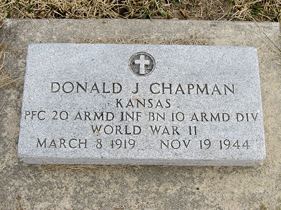 Donald Chapman's headstone at Riley Cemetery, Riley, Kansas.